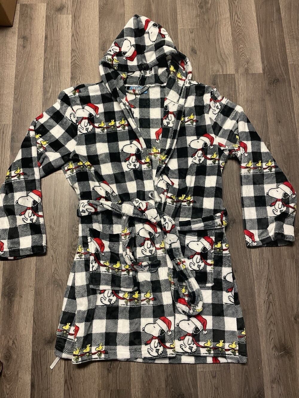 Snoopy Peanuts Christmas Fleece Robe Hooded Buffalo Plaid Woodstock L/XL